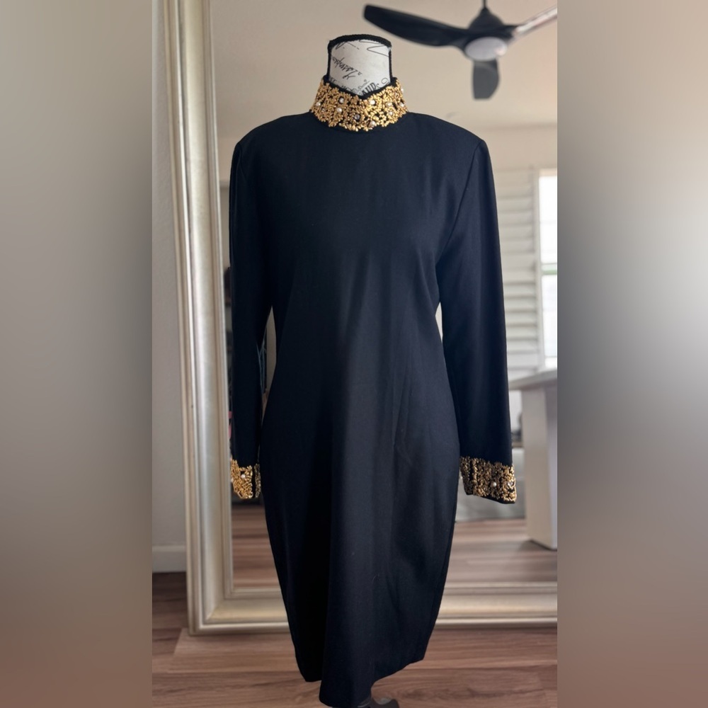Vintage Kathryn Conover NY Cocktail Wool Gold Beaded Sleeves Collar Party Dress